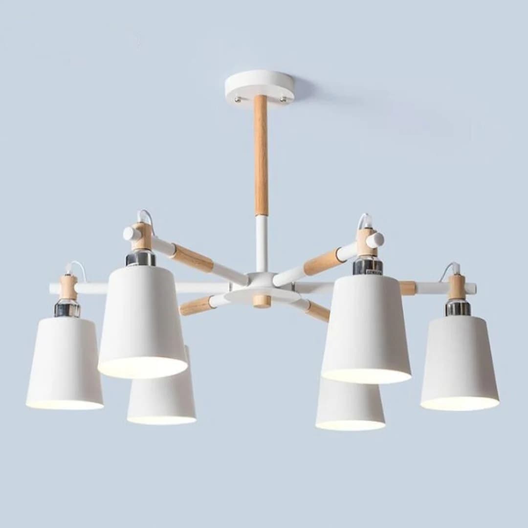 Modern White Ceiling Light – Iron & Wood, 6*E27 Adjustable Fixture BK1090-P-6L 2