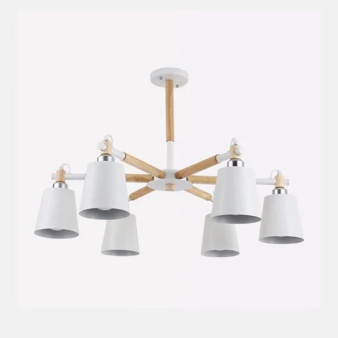 Modern White Ceiling Light – Iron & Wood, 6*E27 Adjustable Fixture BK1090-P-6L