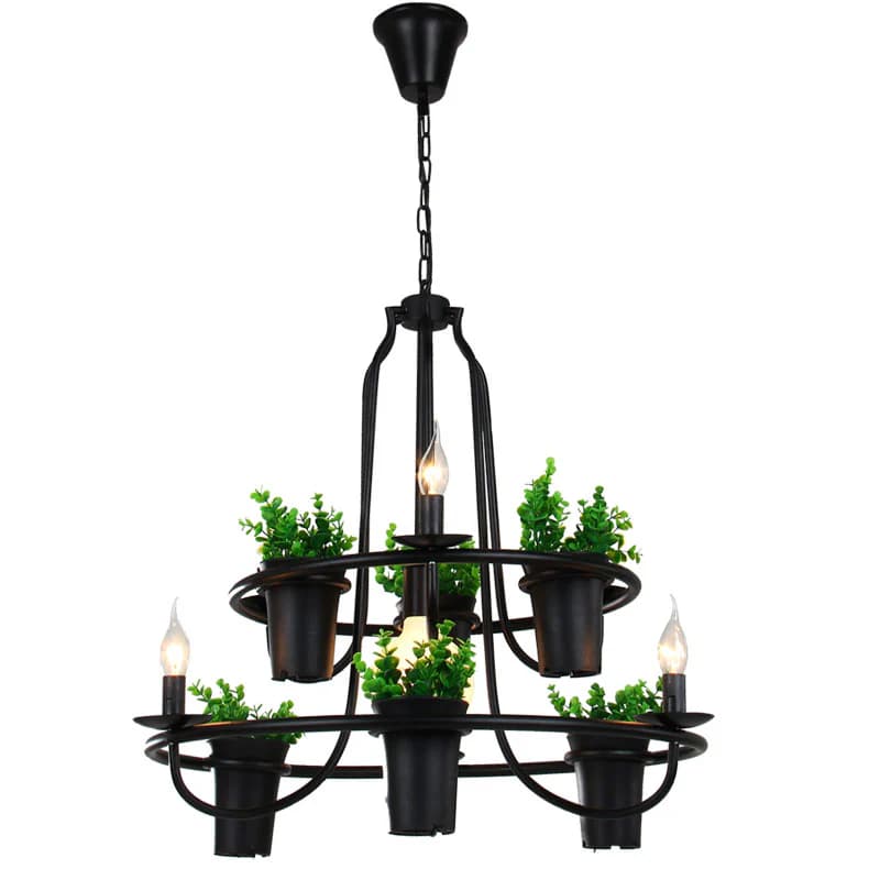 Unique Black Metal Plant Chandelier - 7xE27 Bulbs BK1142-P-7L