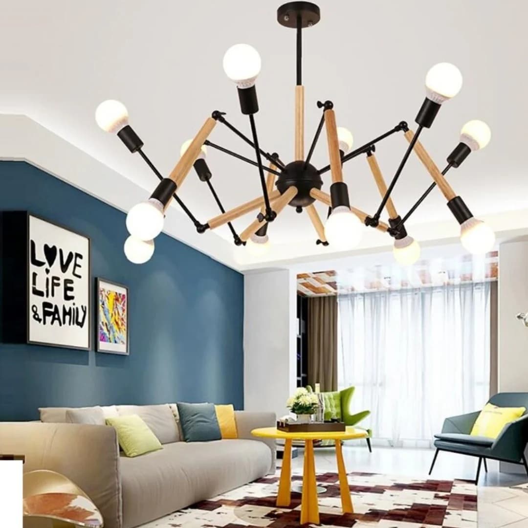 Industrial Wood & Iron Chandelier - Spider Legs – 8 E27 Bulbs BK3052-P-8L
