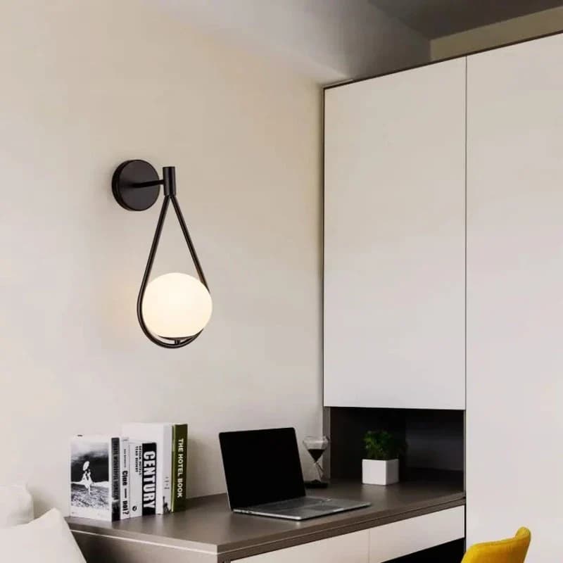Modern Black Wall Lamp with White Globe Shade - E27 B1827-BK