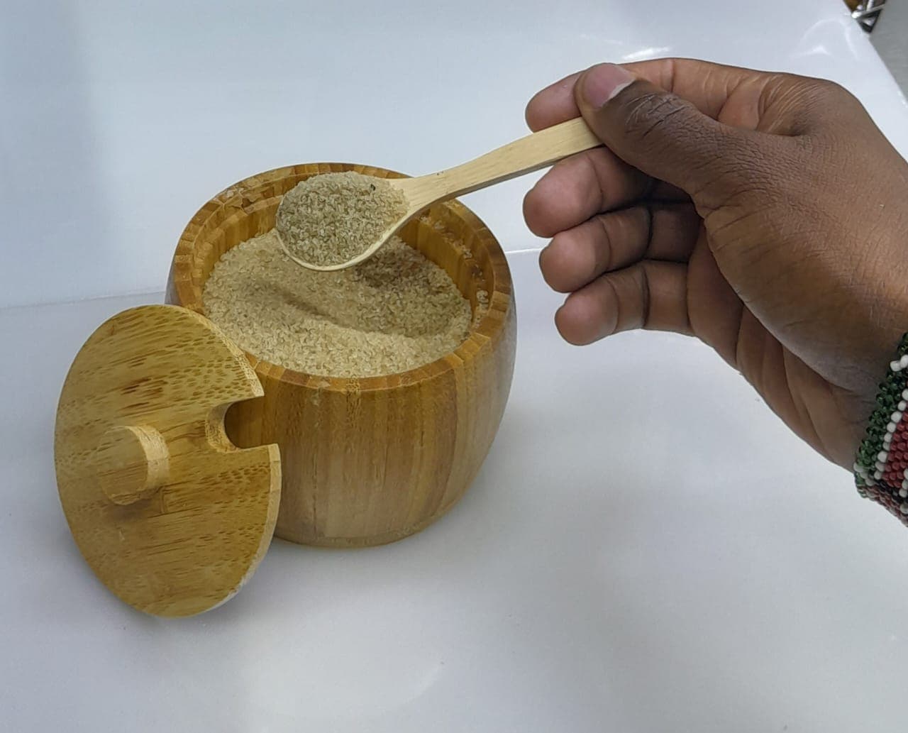 Natural Bamboo Spice or Sugar Pot with Lid and Spoon.