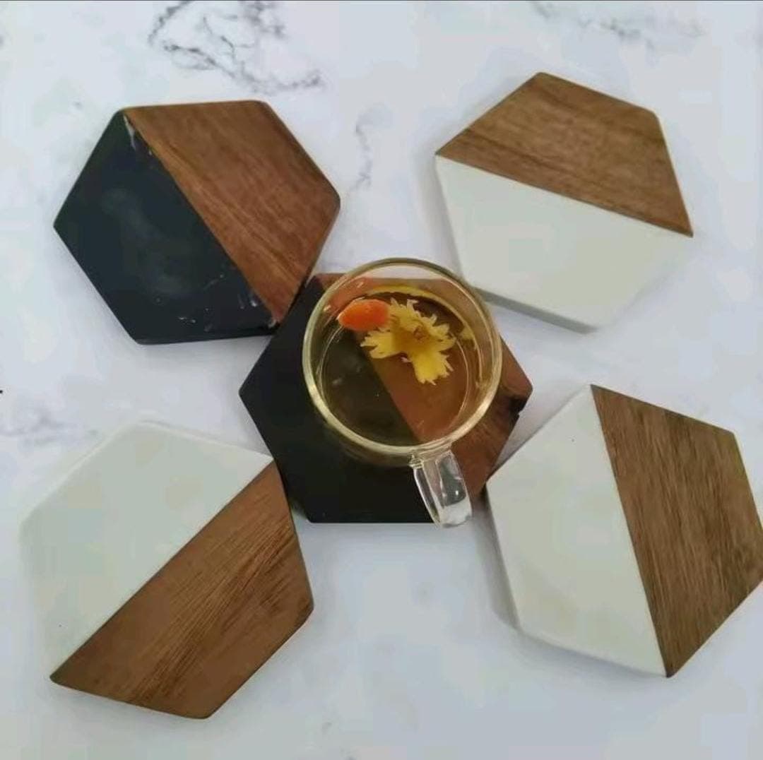 Hexagonal Marble and Wood Inlay Coasters.