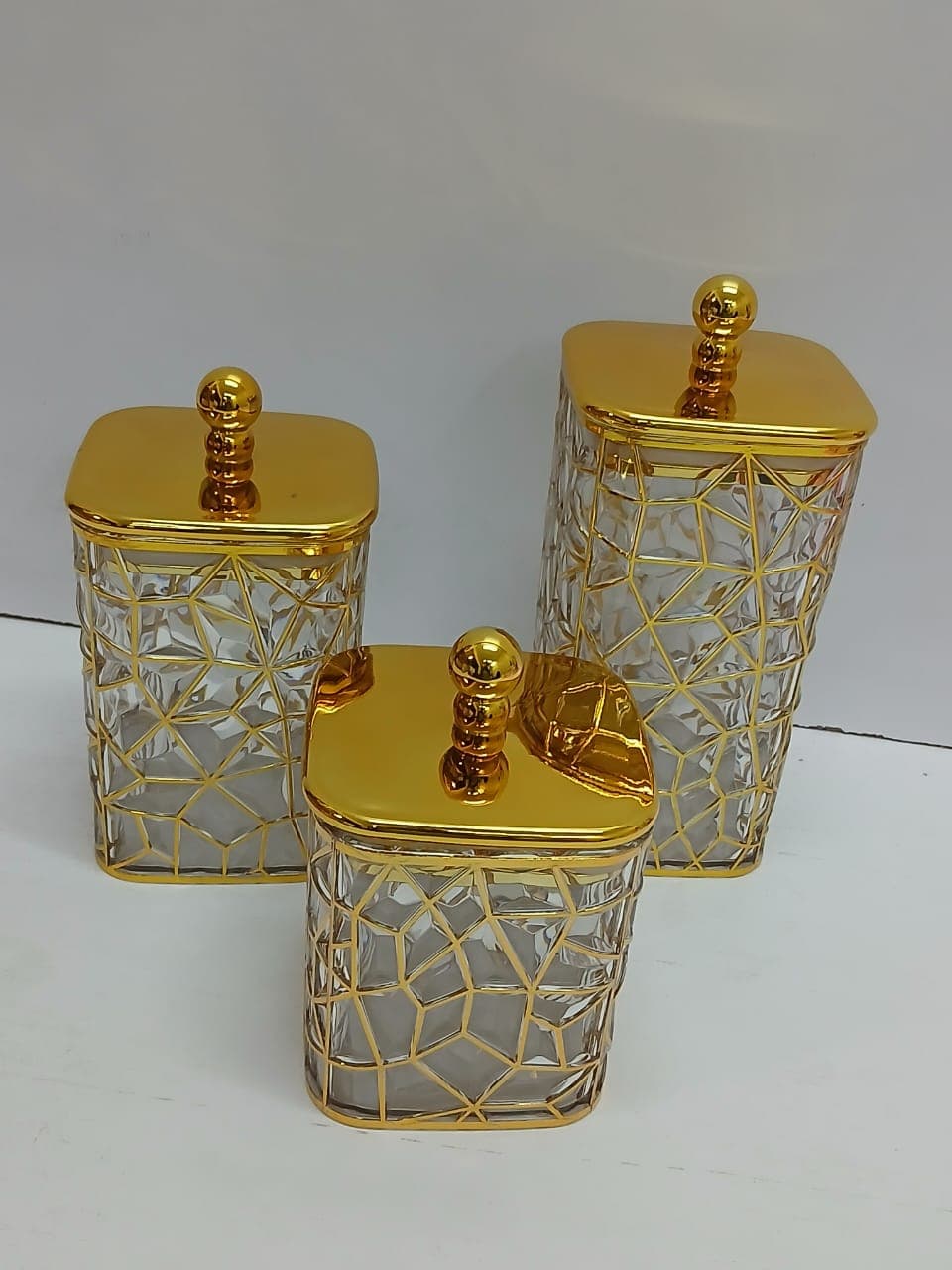 3-Piece Luxury Geometric Glass Canister Set with Gold Lids