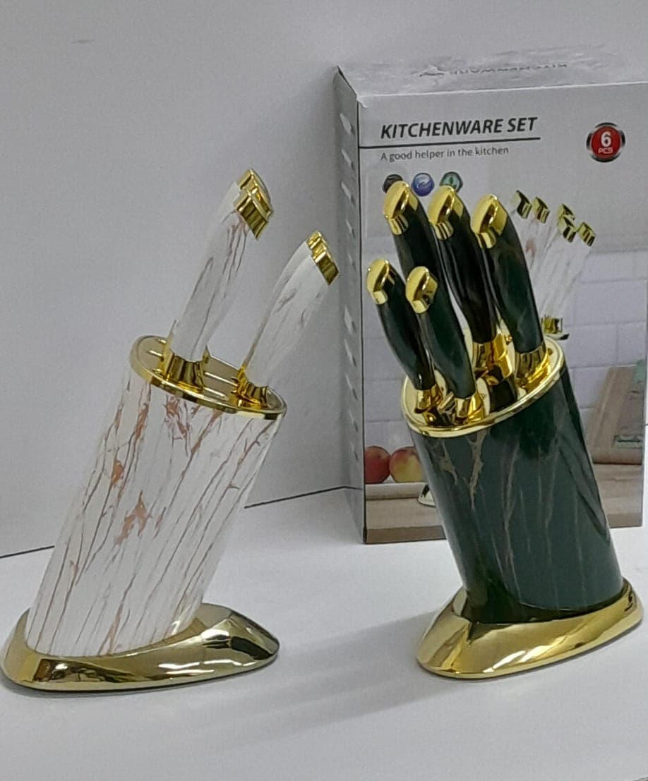 6-Piece Marble-Finish Luxury Knife Set with Matching Rotating Stand.