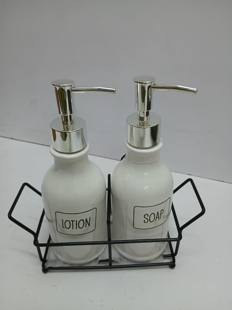 Ceramic Soap and Lotion Dispenser Set with Metal Caddy