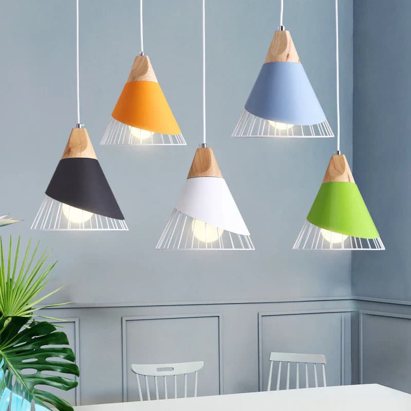 Modern Colorful Cone Pendant Light - Wooden Accent WH-HB-1004