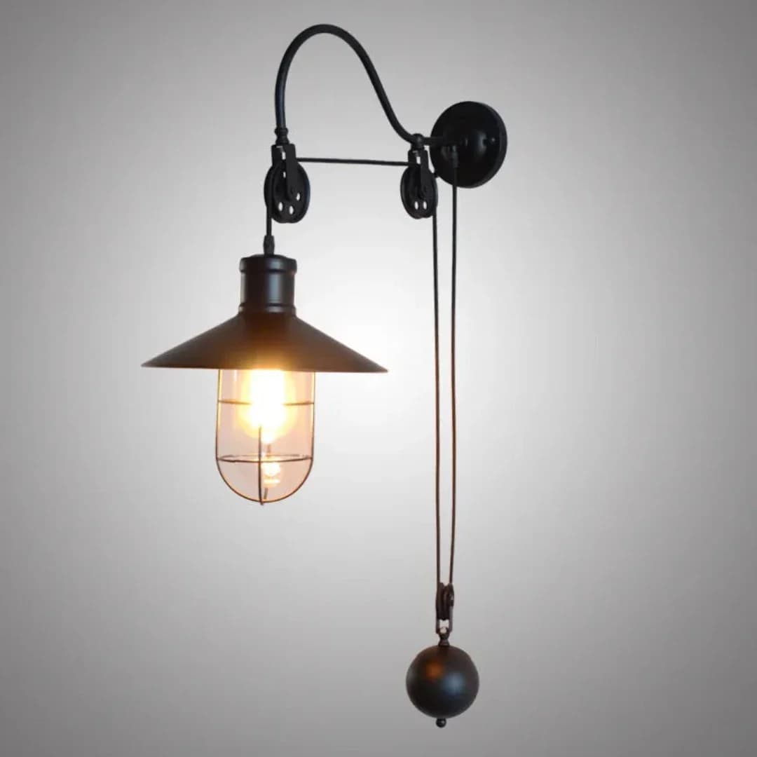 Industrial Pulley Wall Sconce - Black Iron & Glass - E27 BK1009D-W-1L